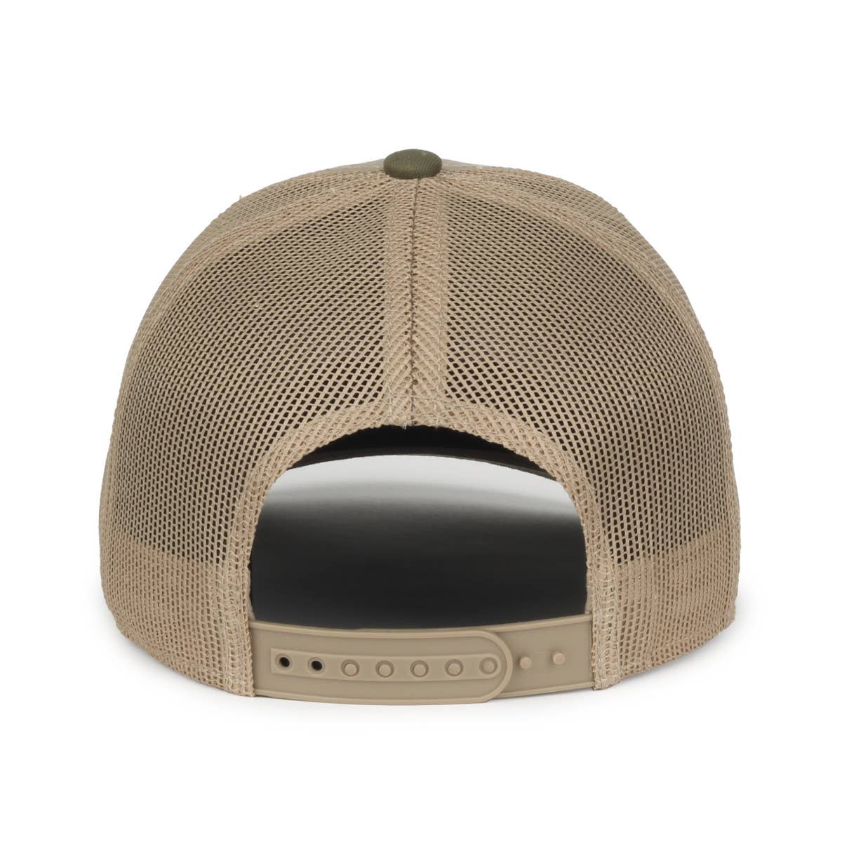 A beige and olive-green trucker hat featuring a rectangular embroidered patch on the front. The patch displays an illustration of an off-road vehicle surrounded by trees, with a setting sun in the background. The text on the patch reads "ADVENTURE OFF ROAD" in bold yellow lettering. The mesh back of the hat adds ventilation, and the olive-green brim contrasts with the beige crown for a rugged, outdoor-inspired look.