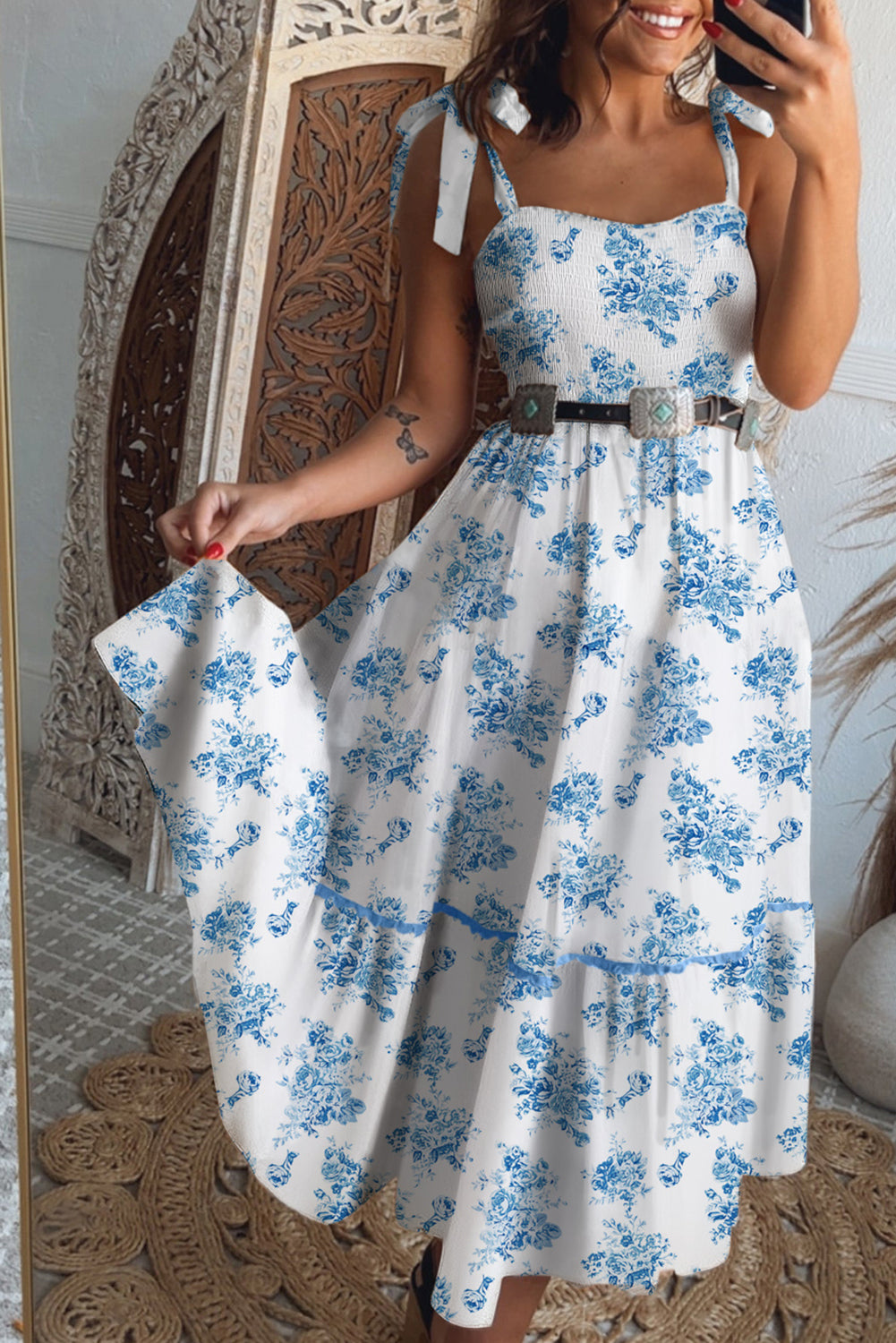 Floral Print Knot Strap Midi Summer Dress