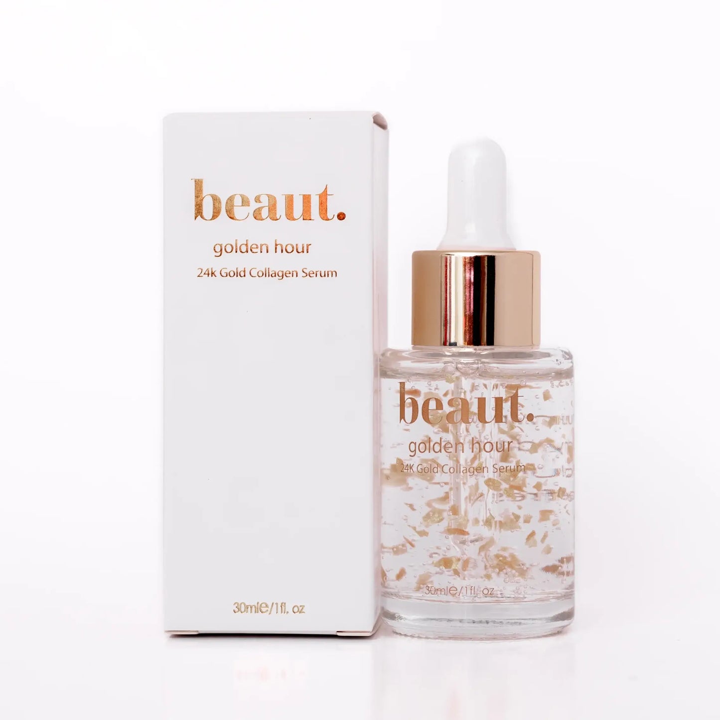 Beaut. Golden Hour 24K Gold Collagen Serum displayed alongside its sleek white packaging with rose gold accents. The serum, housed in a clear glass bottle with visible gold flakes, promotes a luxurious and rejuvenating skincare experience.
