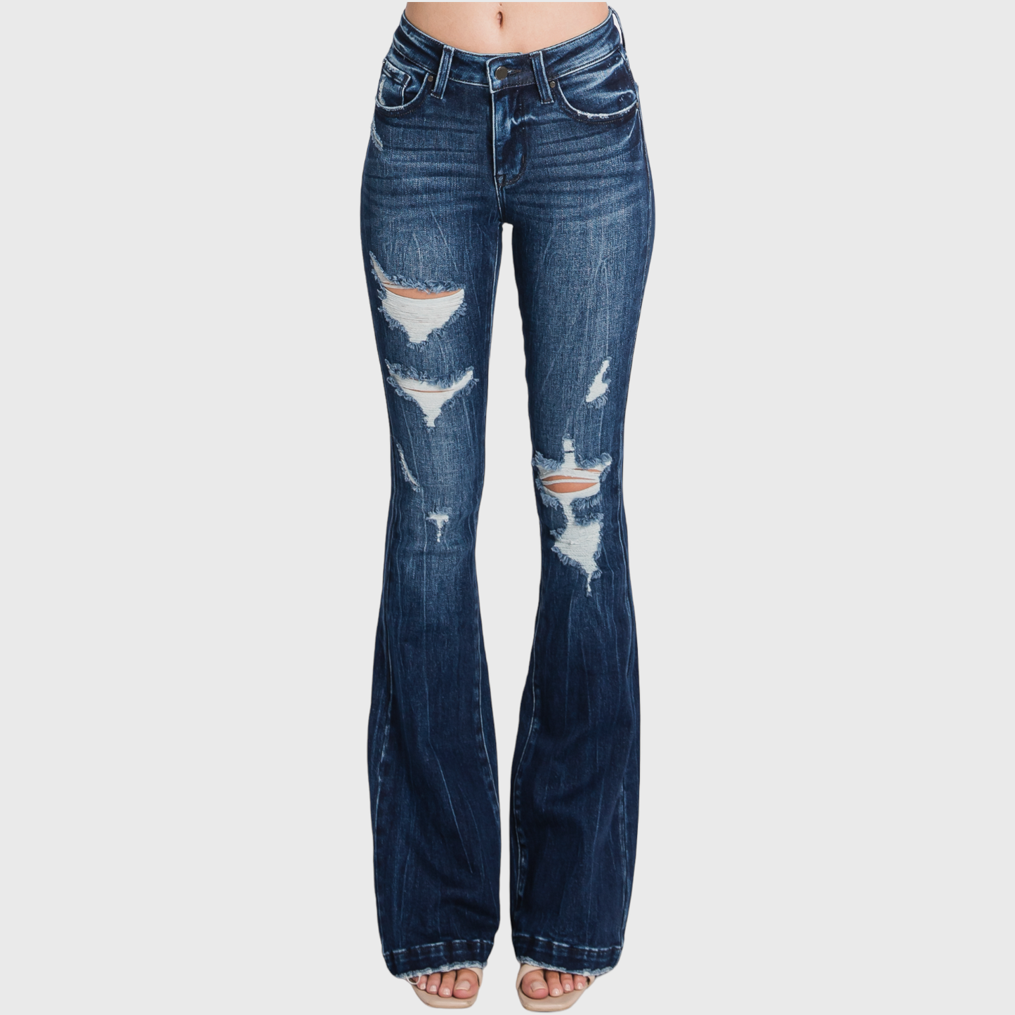 Distressed mid-rise flare jeans with 34-inch inseam, trendy women’s flare jeans, stylish high-waisted jeans with distressed detailing, comfortable and flattering fit, perfect for casual outfits or dressing up, wide-leg flare denim