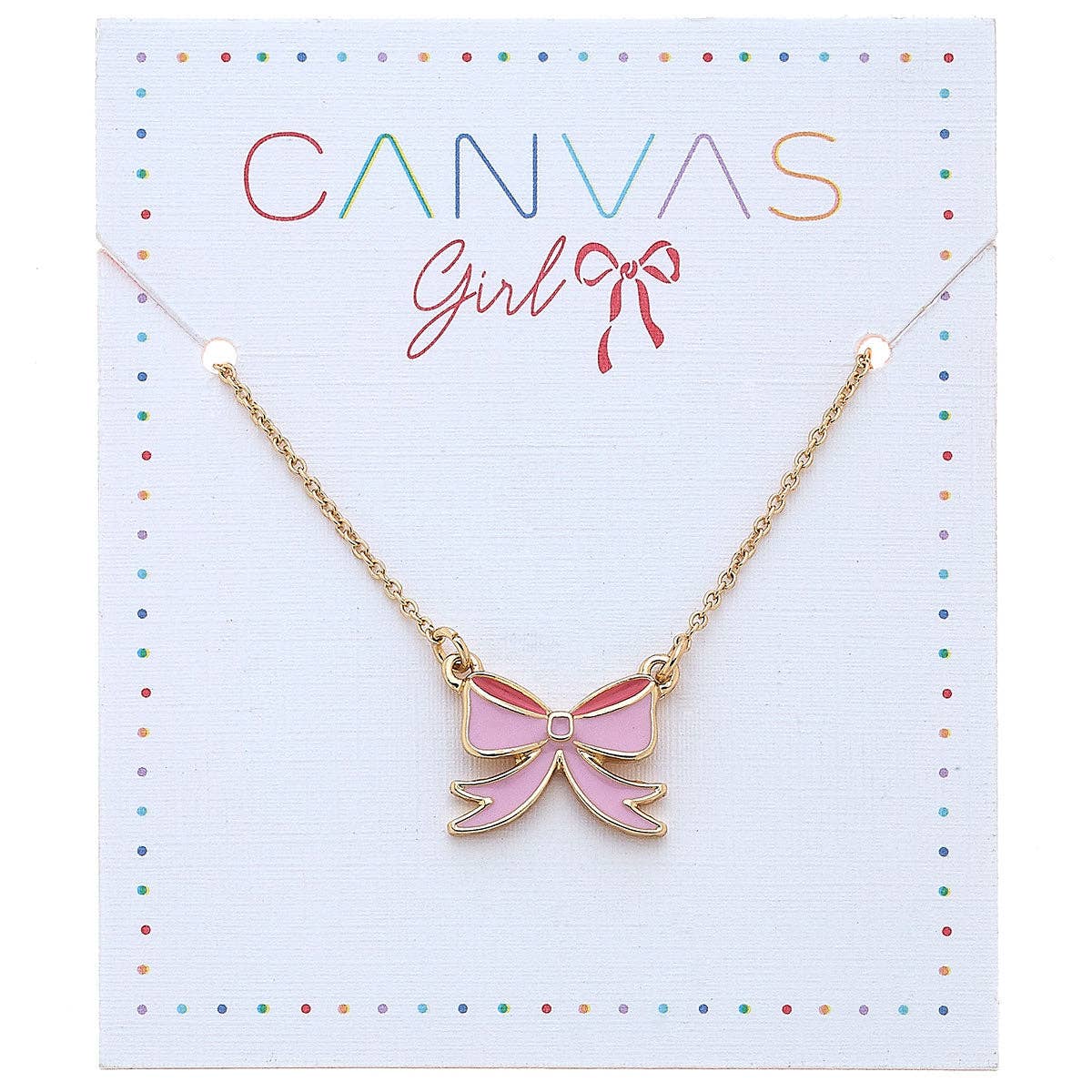 Delicate gold-tone necklace featuring a pink enamel bow charm with gold accents, perfect for young girls. Packaged on a charming 'Canvas Girl' card with colorful polka dots and a bow design, ideal for gifting or special occasions.