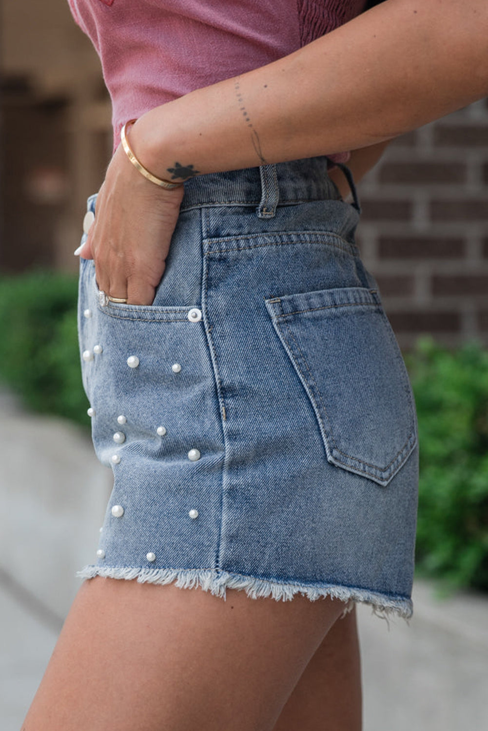 Pearl Beaded Raw Hem Denim Shorts