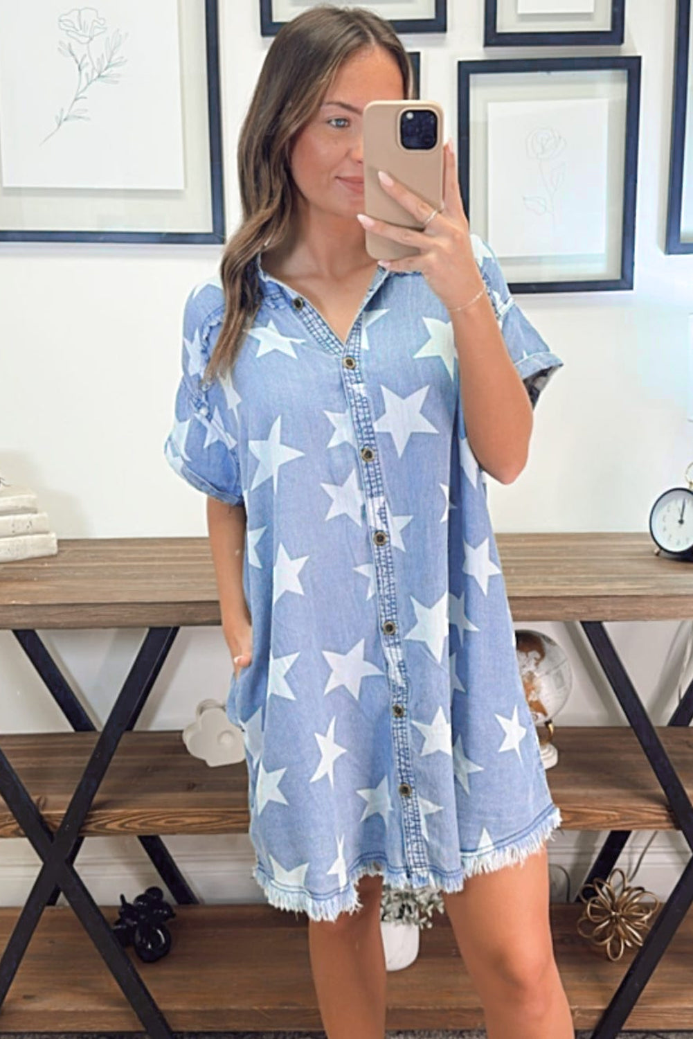 Blue & Stars Frayed Hem Collared Short Sleeve Denim Dress