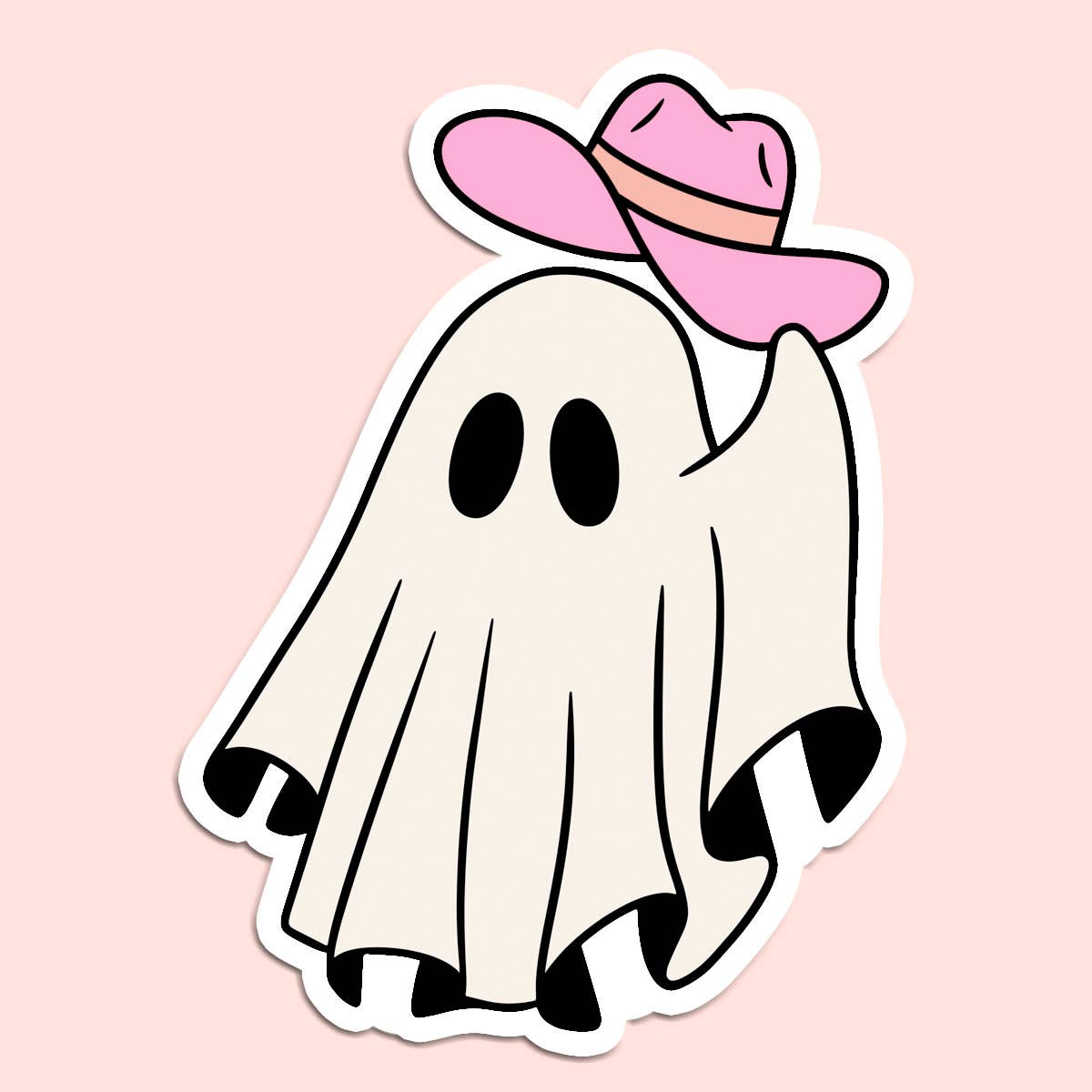 A playful sticker design featuring a simple cartoon ghost draped in a white sheet with two black oval eyes. The ghost is wearing a pink cowboy hat tilted at a jaunty angle, adding a fun Western twist. The image has a soft pastel pink background, enhancing its whimsical and lighthearted vibe. Perfect for Halloween or decorative purposes.