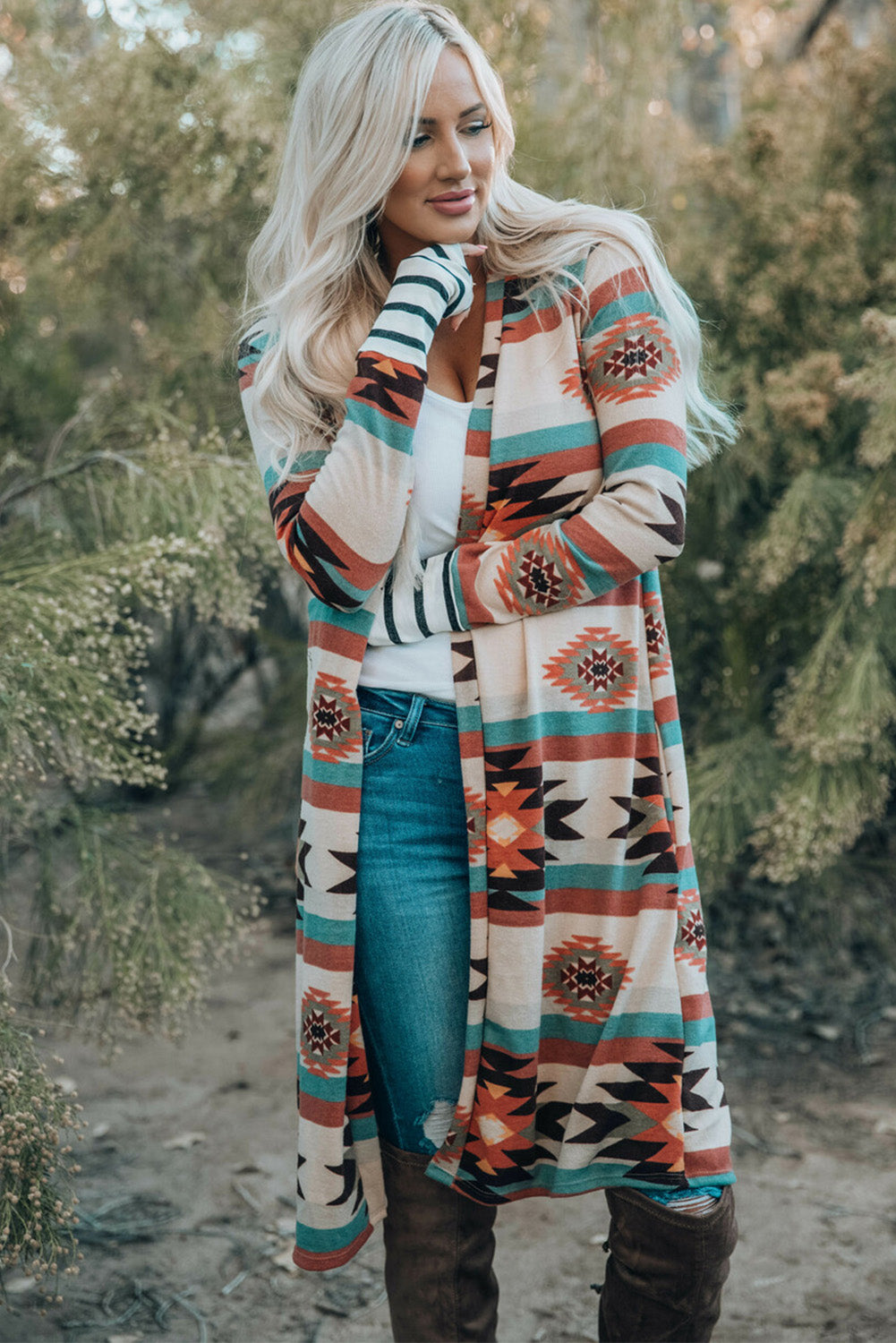 Geometric Color Block Open Front Long Cardigan