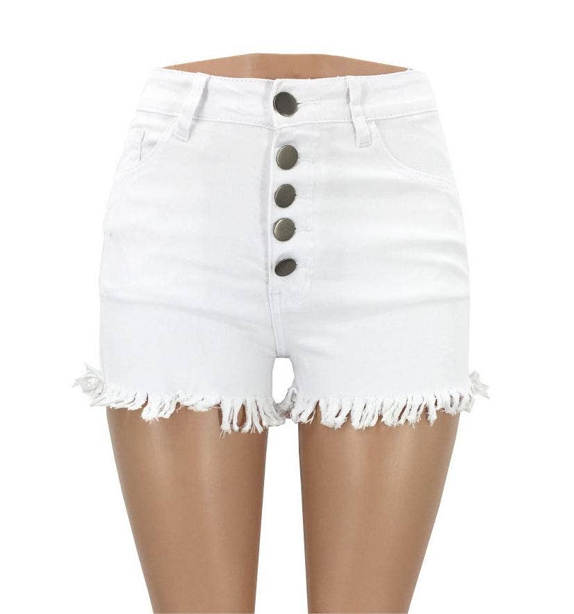 A pair of high-waisted white denim shorts featuring frayed hems and decorative silver buttons on the front.