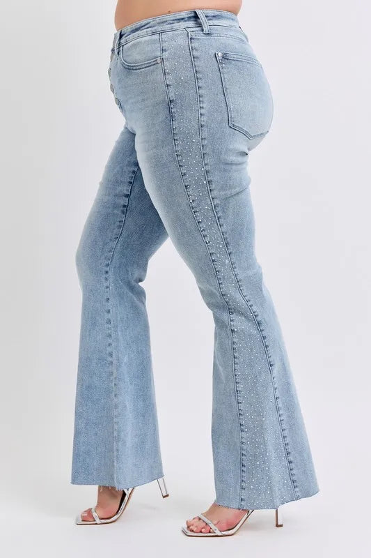 Judy Blue rhinestone flare jeans, Mid rise jeans, Rhinestone jeans, Country concert flare jeans, Judy Blue flare jeans for women, Sparkle jeans for country concert, Flare jeans with rhinestones, Western glam jeans, Festival denim, Jeans to wear with cowboy boots, Tummy Control Jeans