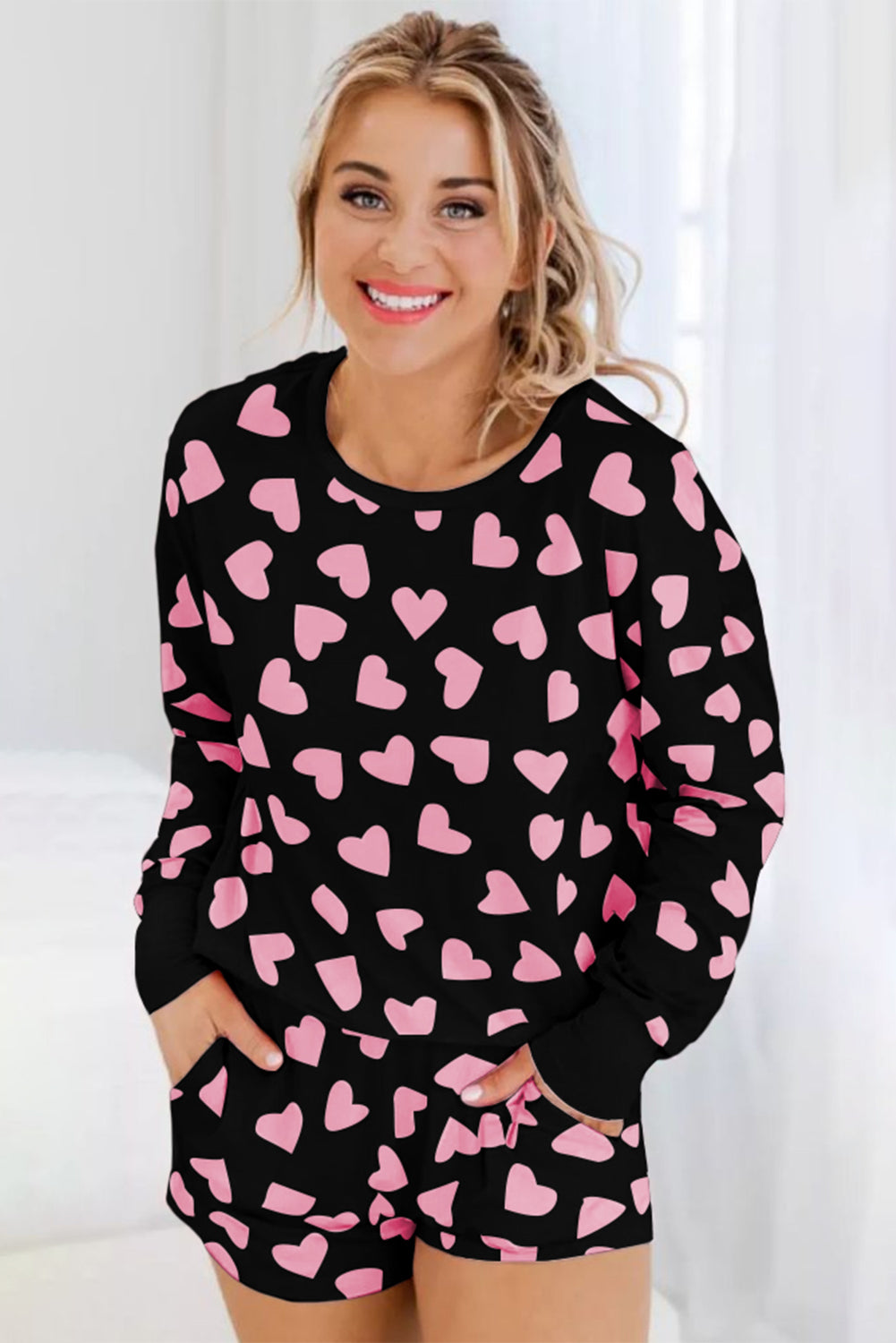 Heart Print Long Sleeve Top Shorts Lounge Set