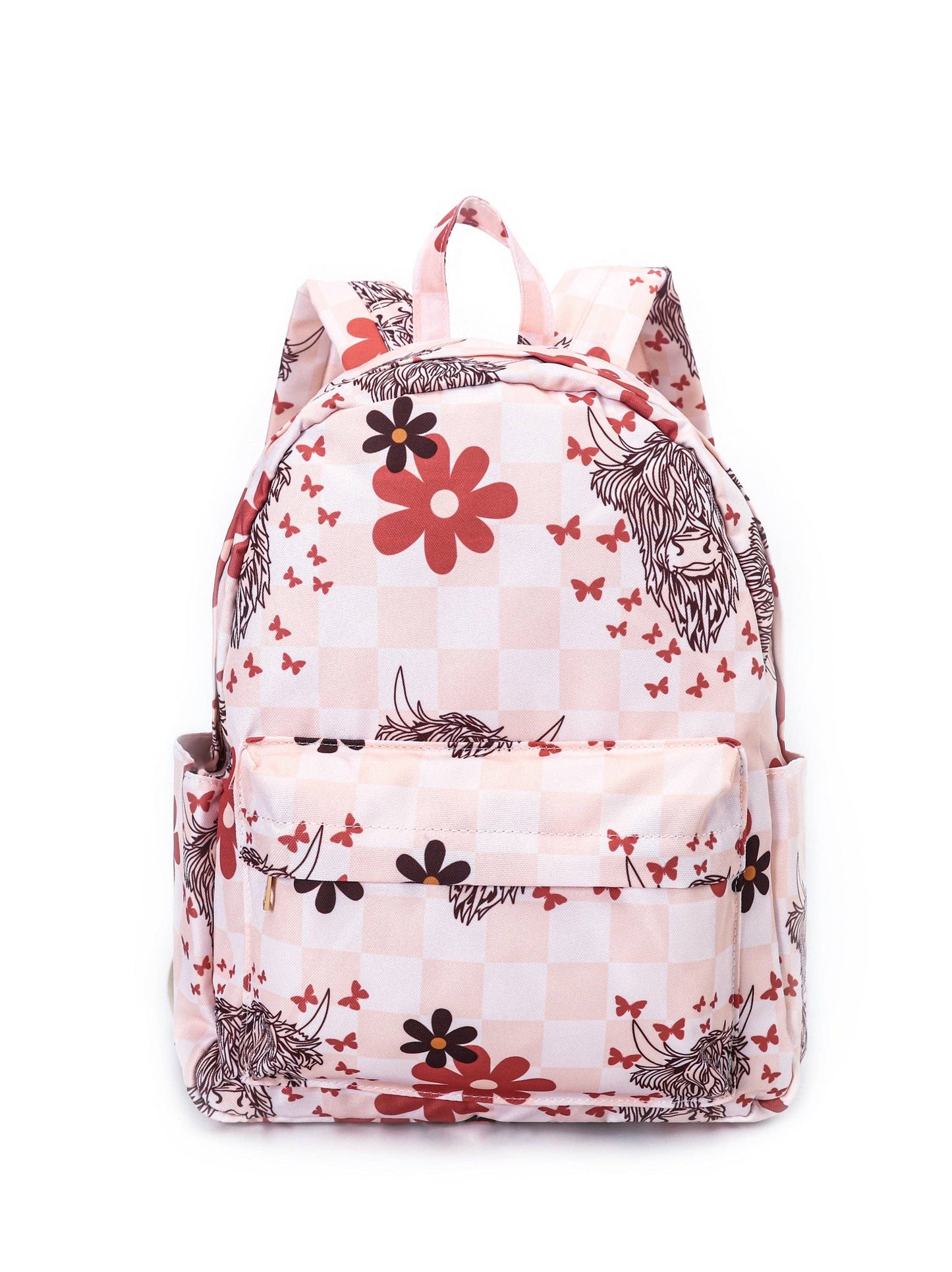 A stylish backpack with a pink and cream checkered pattern, featuring a playful design of illustrated highland cows, red and black flowers, and small red butterflies. The backpack includes a front zippered pocket, two side pockets, and a loop handle at the top for easy carrying. The soft color palette and whimsical graphics create a trendy, charming look perfect for casual outings or school use.