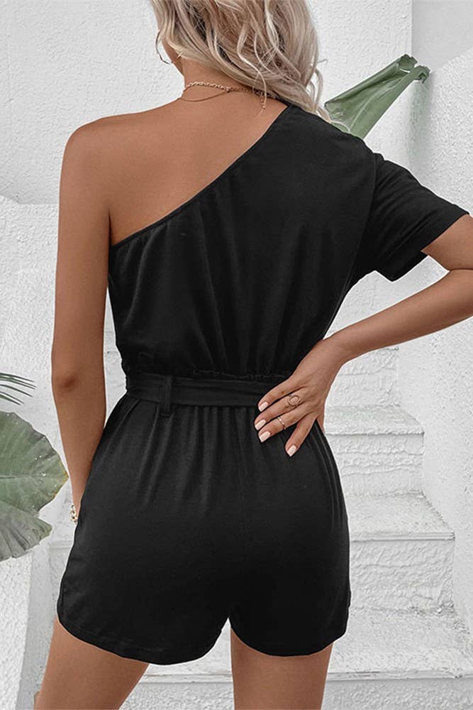 Black One Shoulder Short Sleeves Romper
