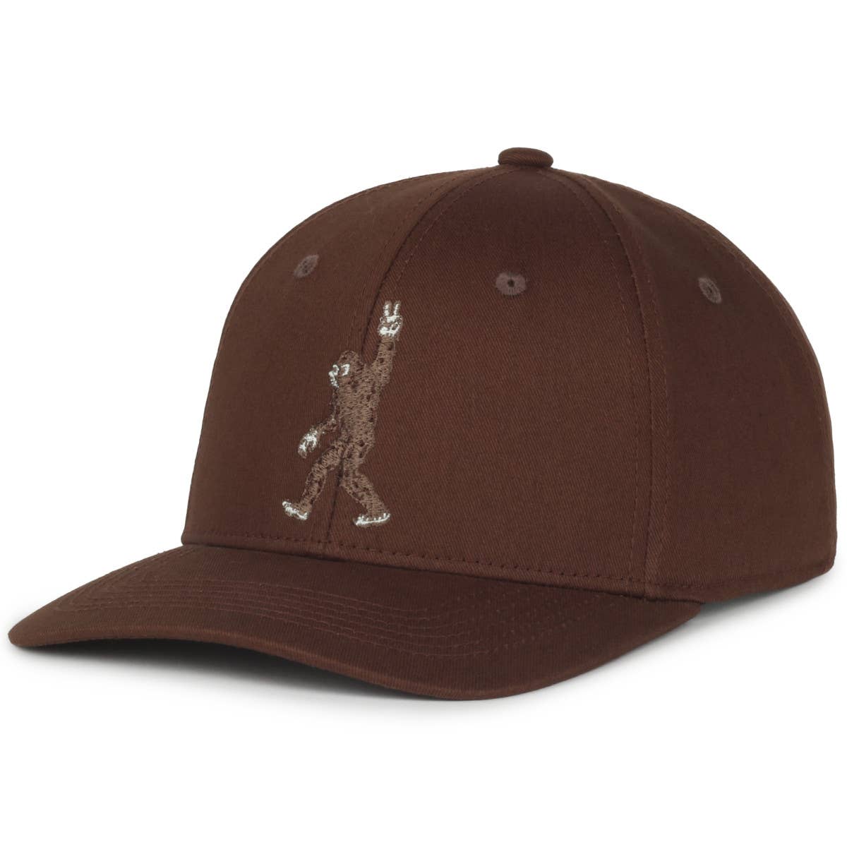 Angled view of a brown cap showcasing an embroidered Bigfoot figure making a peace sign, adding a playful and unique design element. The structured brim and six-panel construction ensure a comfortable and stylish fit.