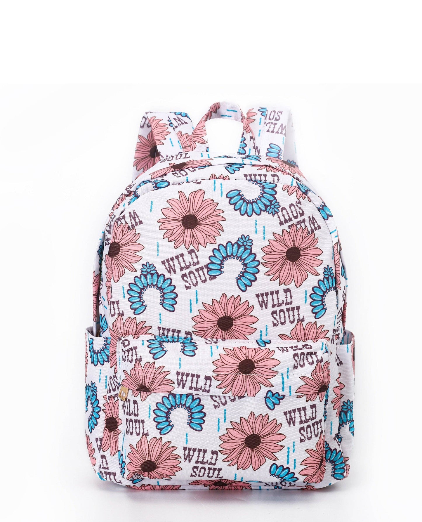 A full view of a white backpack adorned with pink daisy prints, blue flower accents, and repeated "Wild Soul" text, emphasizing its vibrant design and spacious compartments.