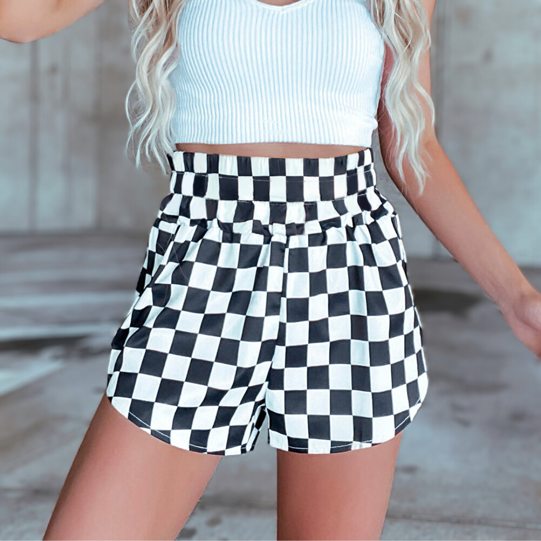 Checkered Print High Waist Shorts
