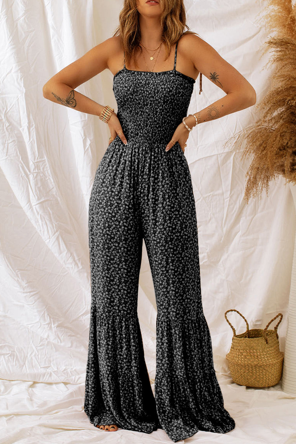 Smocked Bodice Wide Leg Floral Romper