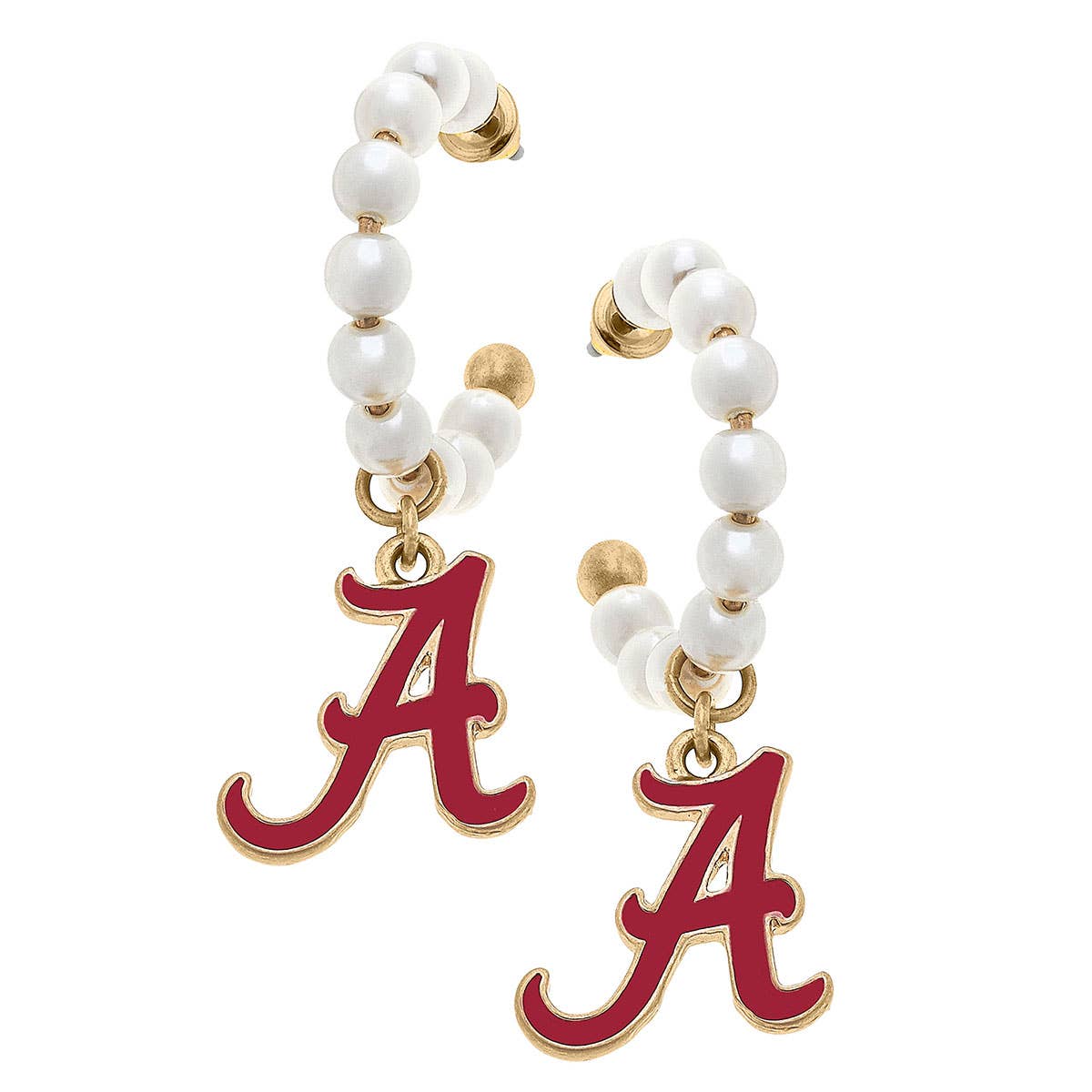 Gold and pearl hoop earrings featuring red "A" charms, perfect for fans and team spirit. These stylish accessories blend elegance with sporty flair, ideal for game day outfits or everyday wear with a collegiate-inspired touch.
