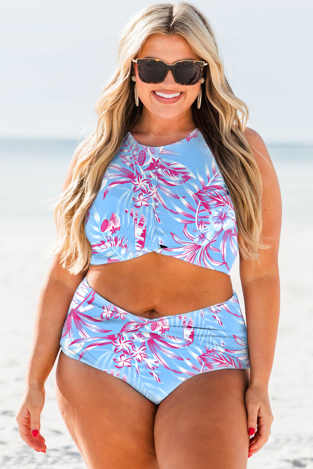 Floral print twisted high waist bathing suit plus size, flattering plus size swimwear, high waist swimsuit, floral pattern bathing suit, twist front design, comfortable and supportive swimwear, stylish plus size swimsuit, tummy control swimsuit, slimming high waist design, flattering swimwear for curvy women, chic and feminine beachwear, flattering and fashionable plus size swimsuit, plus size bathing suit, trendy swimwear, confident beach style