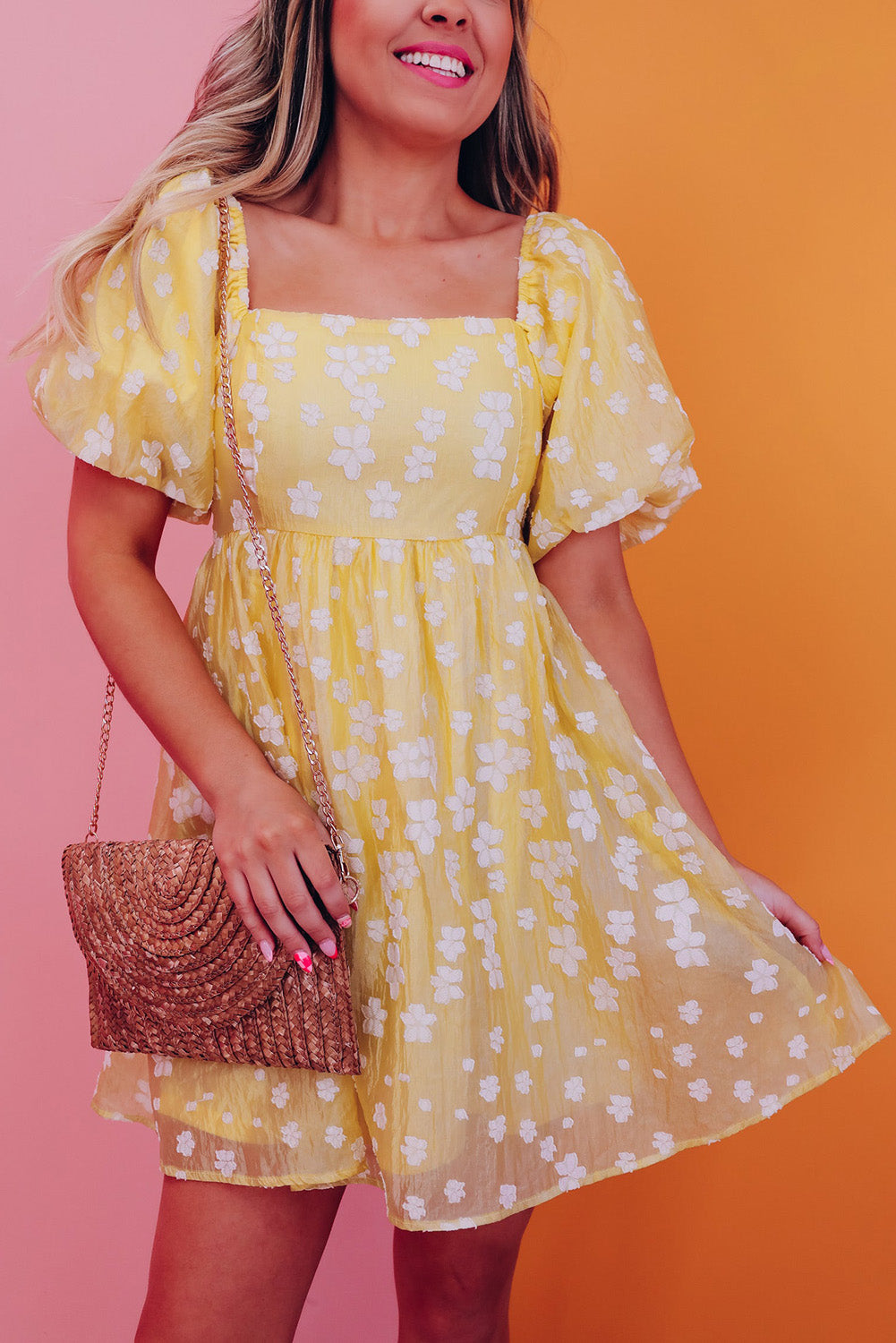 Yellow Flower Puff Sleeve Mini Dress
