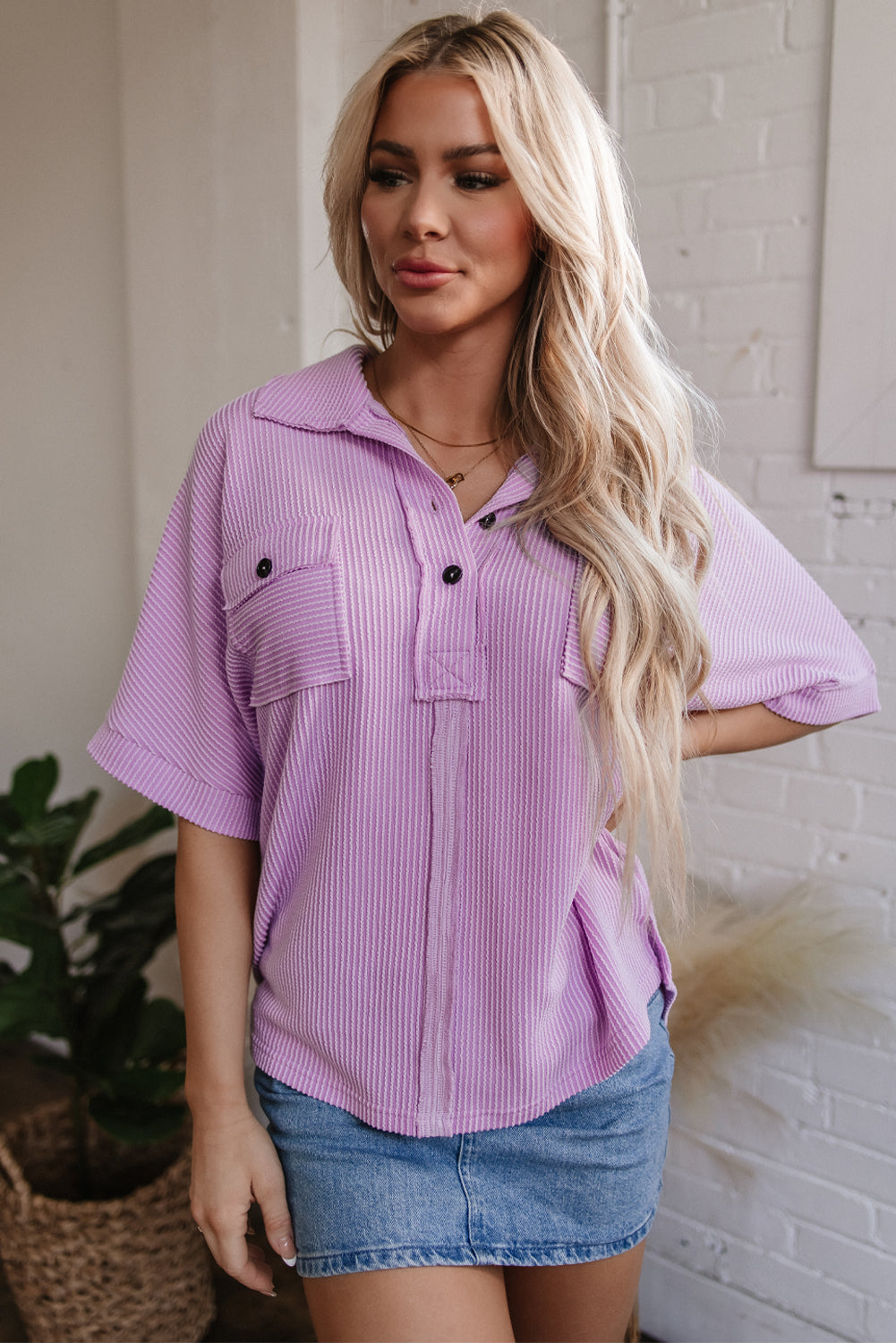 Corded Buttoned Short Sleeve Top