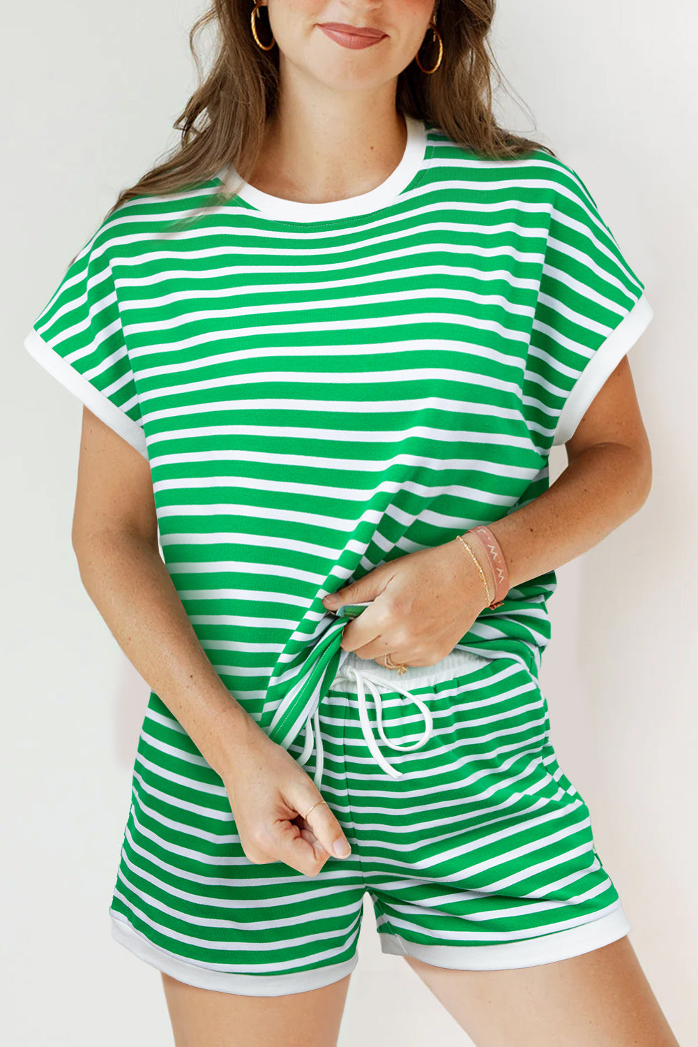 Green Striped Sleeve Tee and Shorts Set