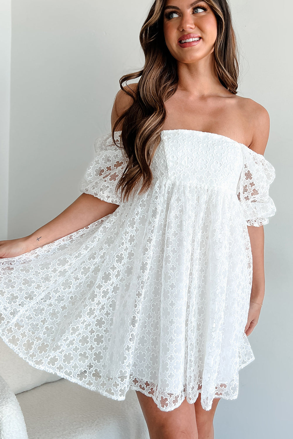 Lace Puff Sleeve Empire Waist Mini Dress