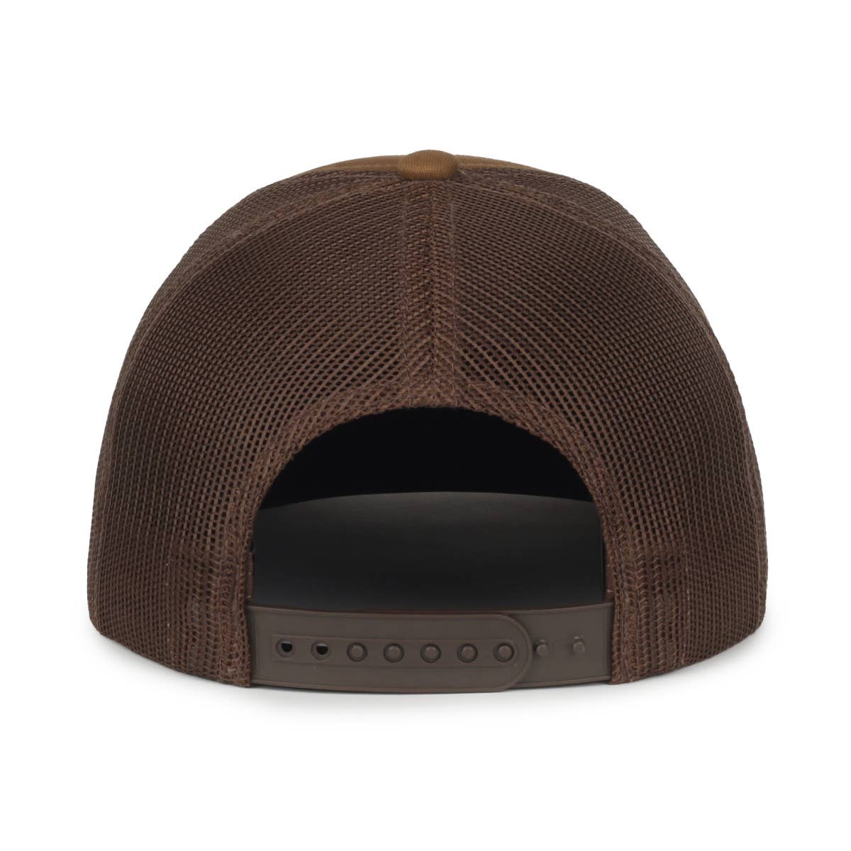 A brown trucker hat with a front panel featuring an illustration of an astronaut wearing a cowboy hat, riding a horse in a desert scene with cacti, a crescent moon, and stars. The mesh back and curved brim add a classic touch to the design.