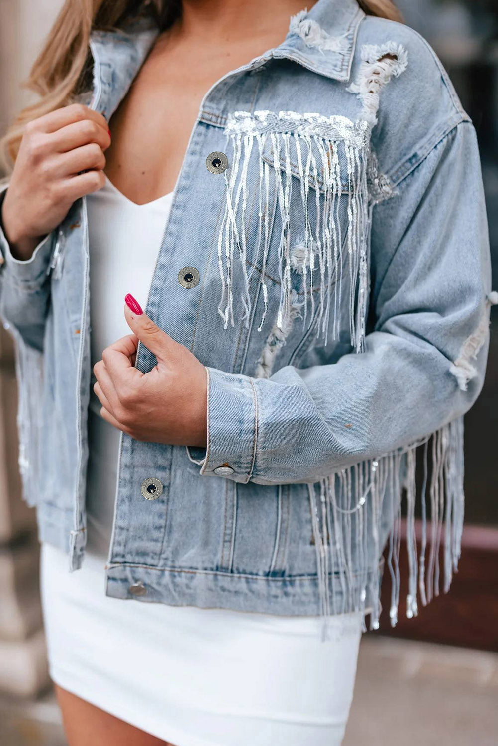 Sequin Fringe Distressed Denim Jacket