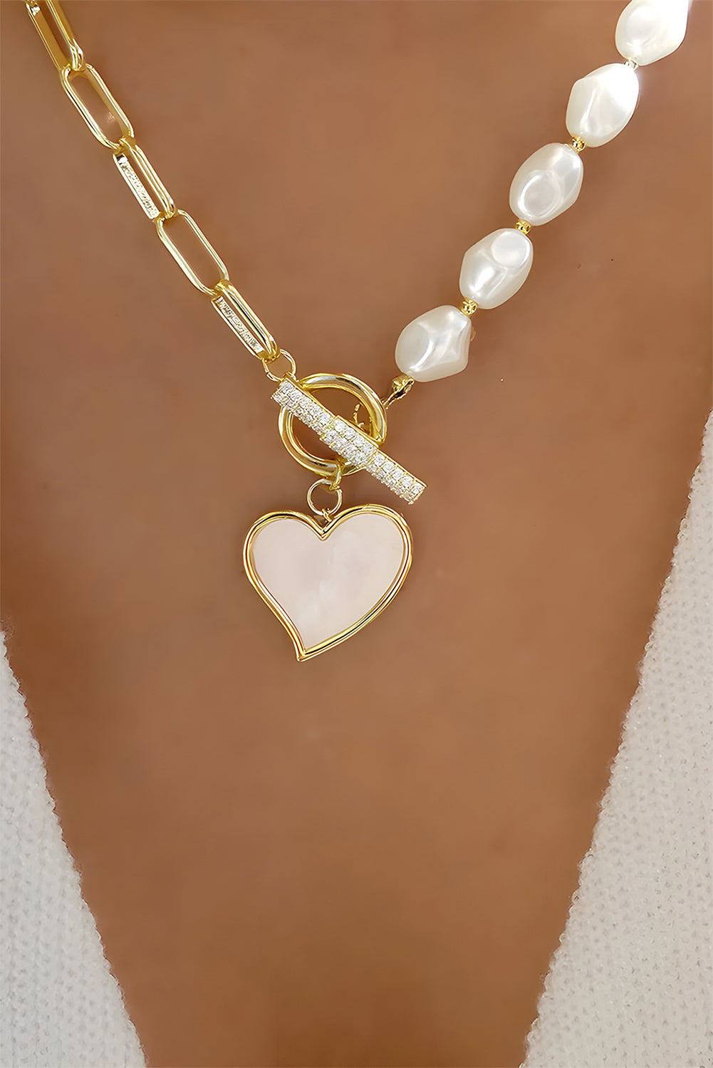 Gold Heart Pendant & Pearl Chain Necklace