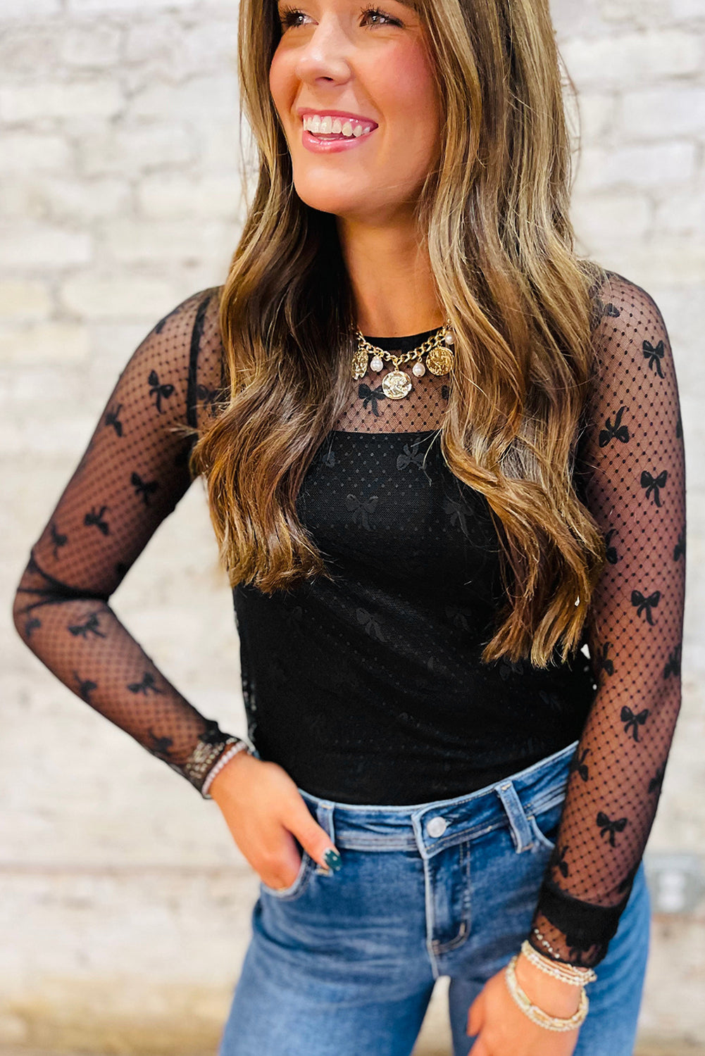 Bow & Dots Mesh Long Sleeve Top
