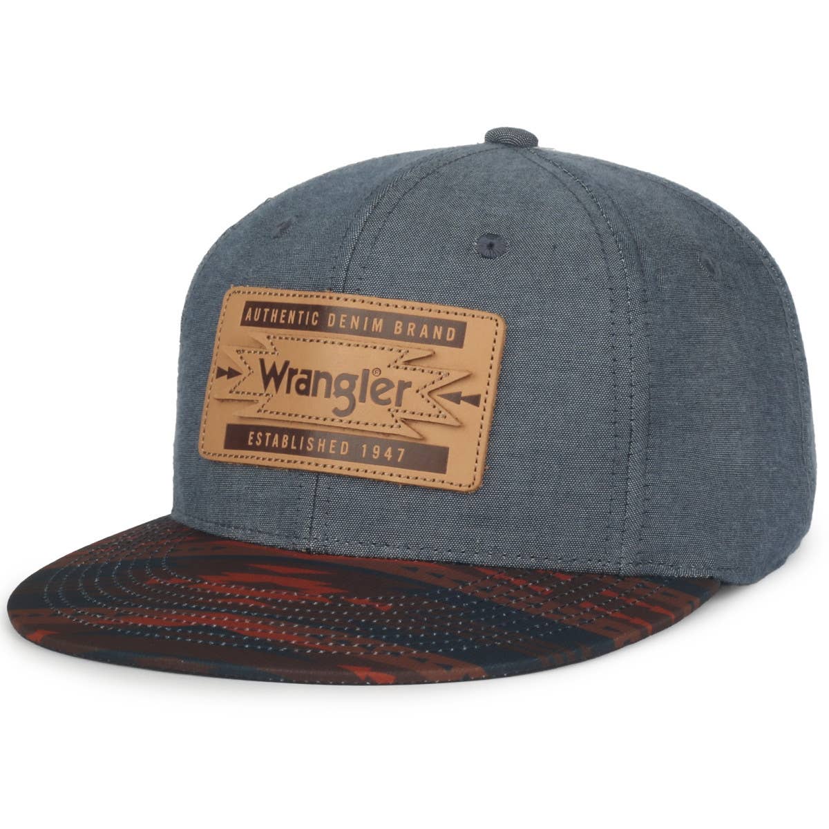 A structured gray cap featuring a leather patch on the front with "Wrangler" and "Authentic Denim Brand, Established 1947" embossed in bold text. The bill showcases a multicolored, patterned design with earthy tones for a Southwestern-inspired look.
