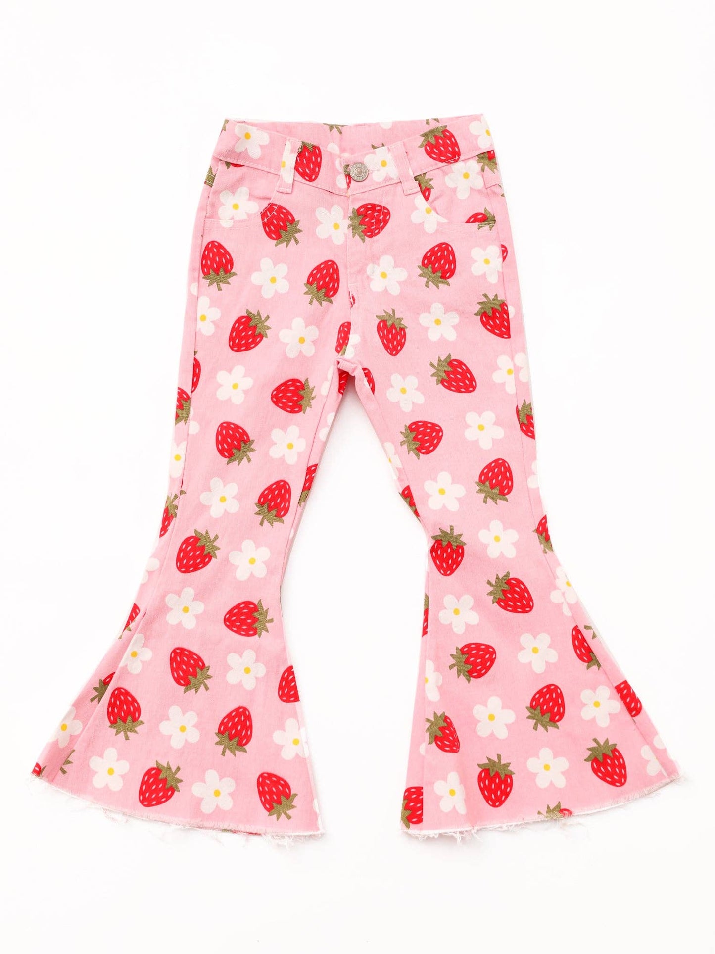 Full view of pink flared pants with a whimsical pattern of red strawberries and white daisies. The pants are styled with a high-waisted fit and raw hem, showcasing a retro-inspired look.