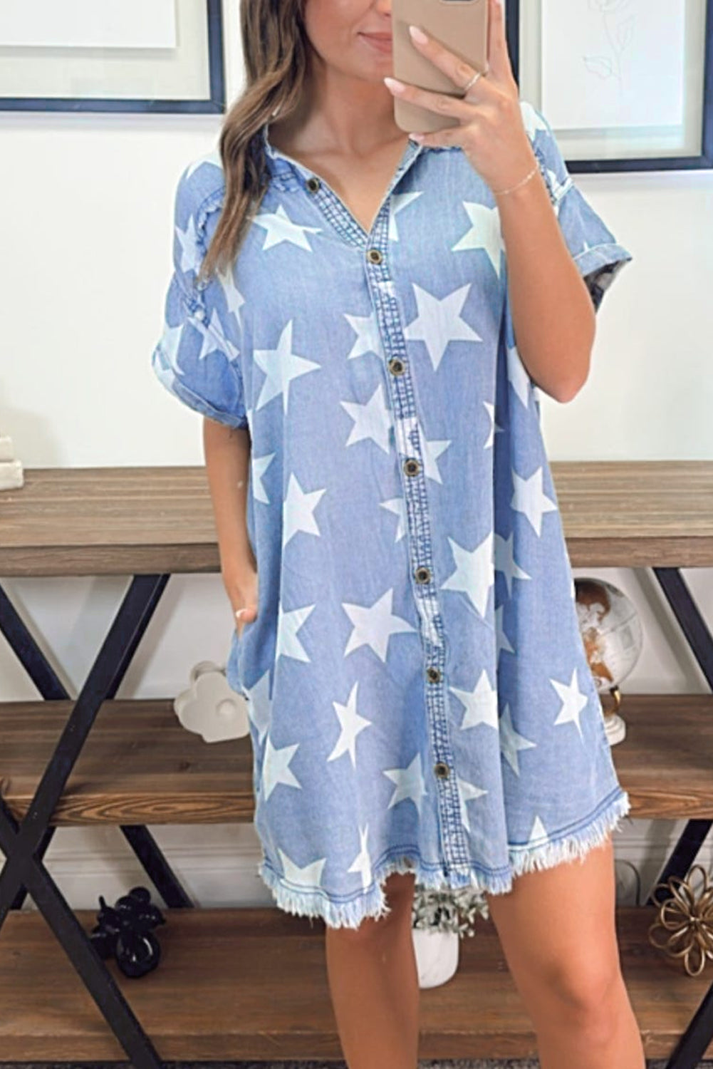 Blue & Stars Frayed Hem Collared Short Sleeve Denim Dress