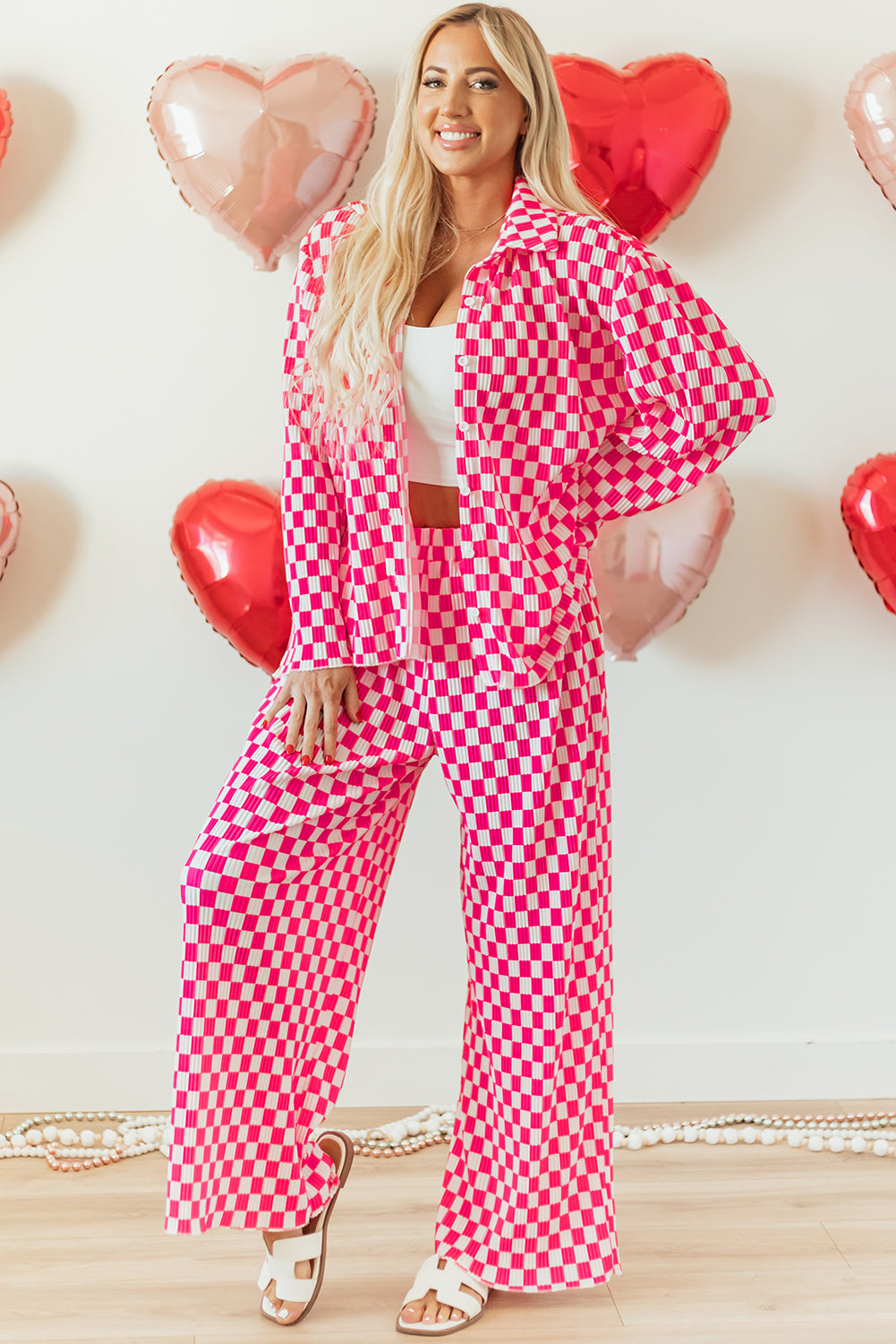 Pink Checkered Buttoned Shirt and Pants Pajama Set
