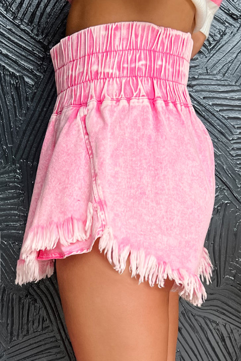 Pink Wide Smocked Waistband Frayed Denim Shorts