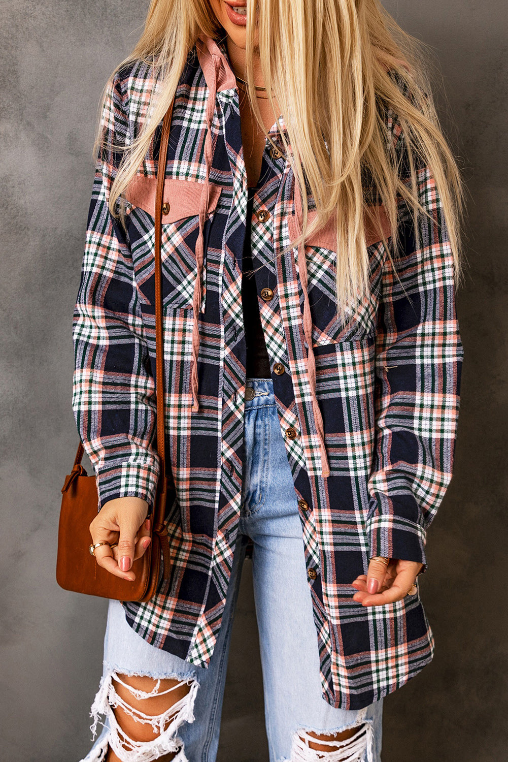 Contrast hooded drawstring plaid button-up top spring 2025, trendy plaid shirt with hood, stylish and casual layering piece, button-up checkered top, relaxed fit flannel hoodie, lightweight and breathable fabric, versatile street style fashion, cozy yet edgy plaid jacket, must-have spring wardrobe essential, modern and casual outerwear, timeless checkered pattern, effortlessly stylish plaid hoodie, comfortable and laid-back fit, perfect for layering, everyday fashion staple, soft and warm spring outfit