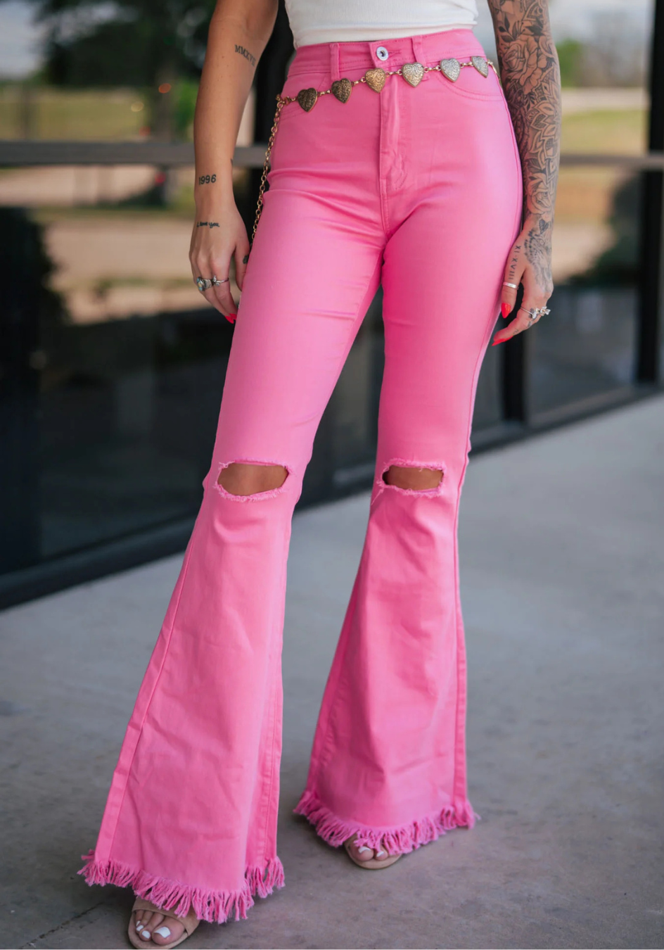 High Waisted Flare Ripped Raw Hem Jeans