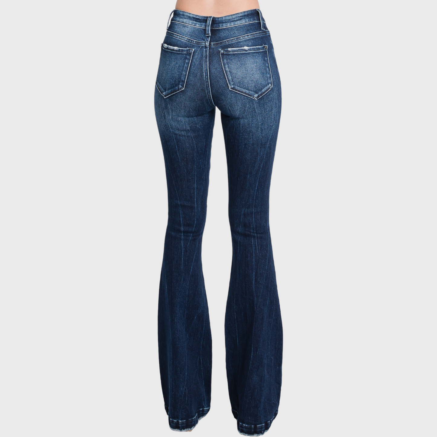Distressed mid-rise flare jeans with 34-inch inseam, trendy women’s flare jeans, stylish high-waisted jeans with distressed detailing, comfortable and flattering fit, perfect for casual outfits or dressing up, wide-leg flare denim
