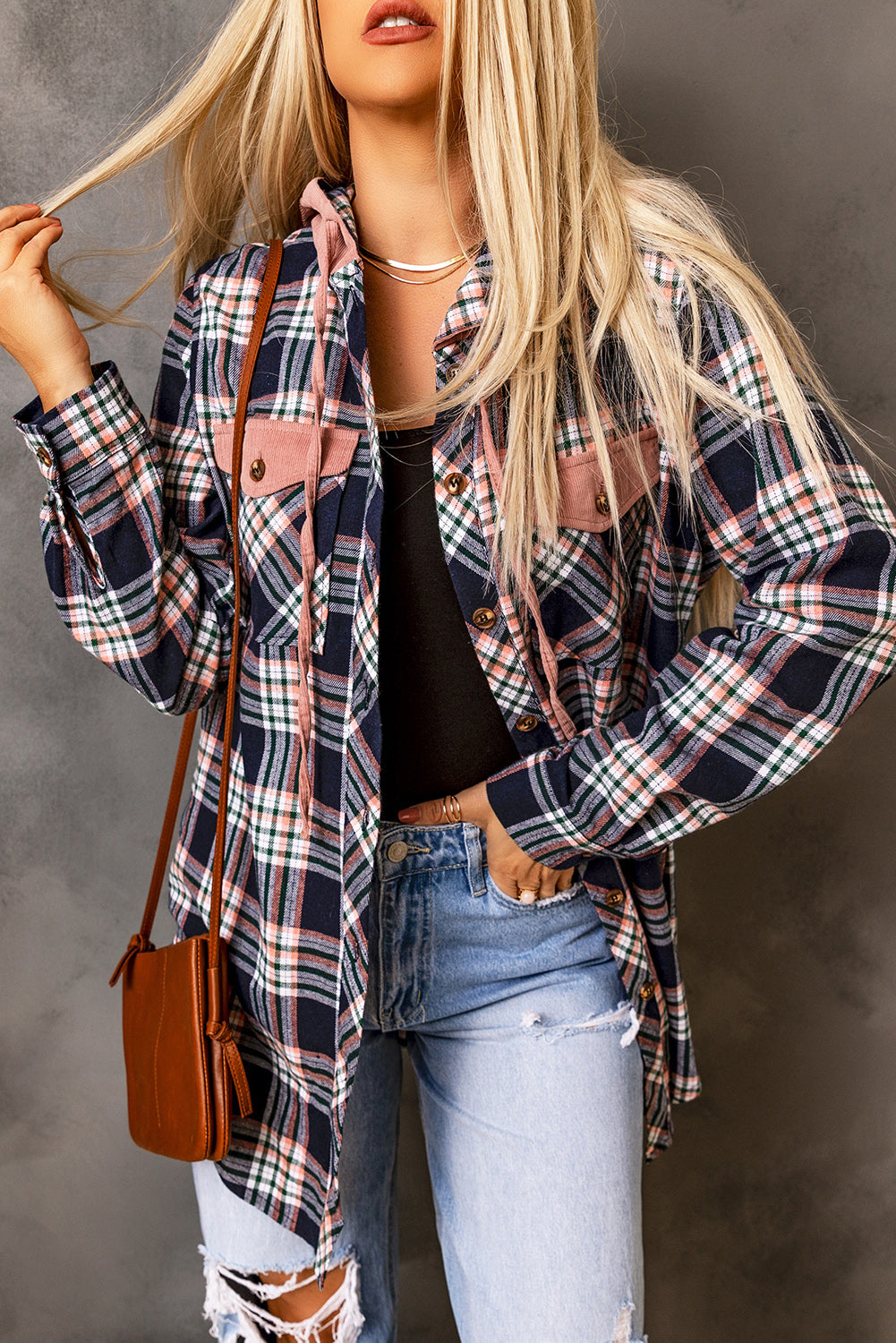 Contrast hooded drawstring plaid button-up top spring 2025, trendy plaid shirt with hood, stylish and casual layering piece, button-up checkered top, relaxed fit flannel hoodie, lightweight and breathable fabric, versatile street style fashion, cozy yet edgy plaid jacket, must-have spring wardrobe essential, modern and casual outerwear, timeless checkered pattern, effortlessly stylish plaid hoodie, comfortable and laid-back fit, perfect for layering, everyday fashion staple, soft and warm spring outfit