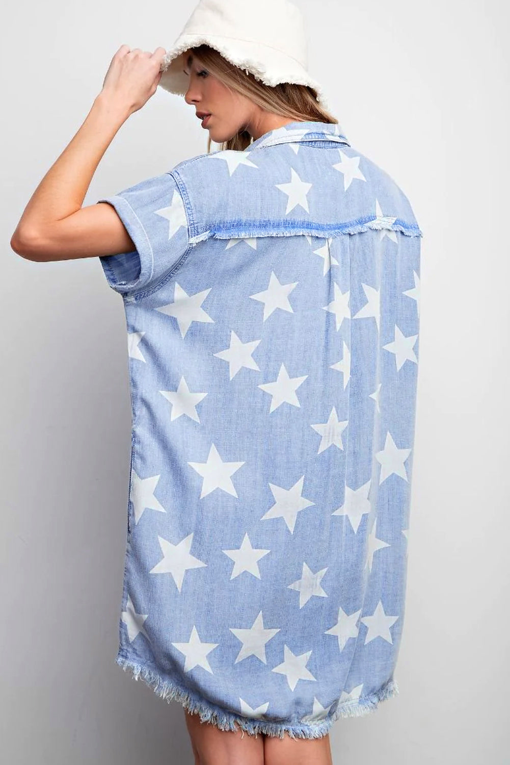 Blue & Stars Frayed Hem Collared Short Sleeve Denim Dress