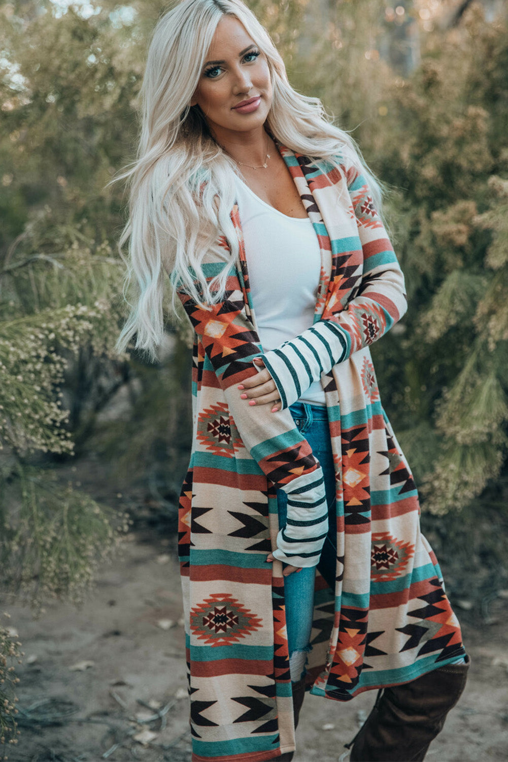 Geometric Color Block Open Front Long Cardigan
