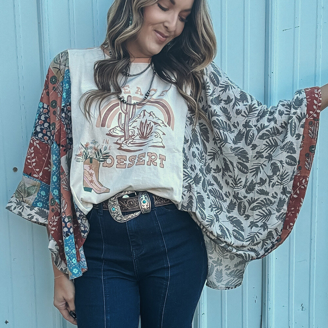 Printed Patchwork Sleeve Graphic Tee Shirt