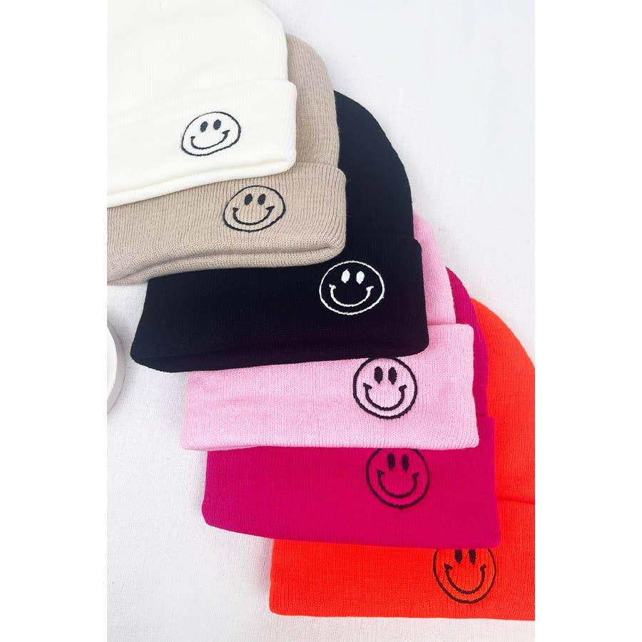 "Smiley Face Embroidered Beanies – Cozy Knit Hats in Multiple Colors for a Trendy and Fun Winter Look"