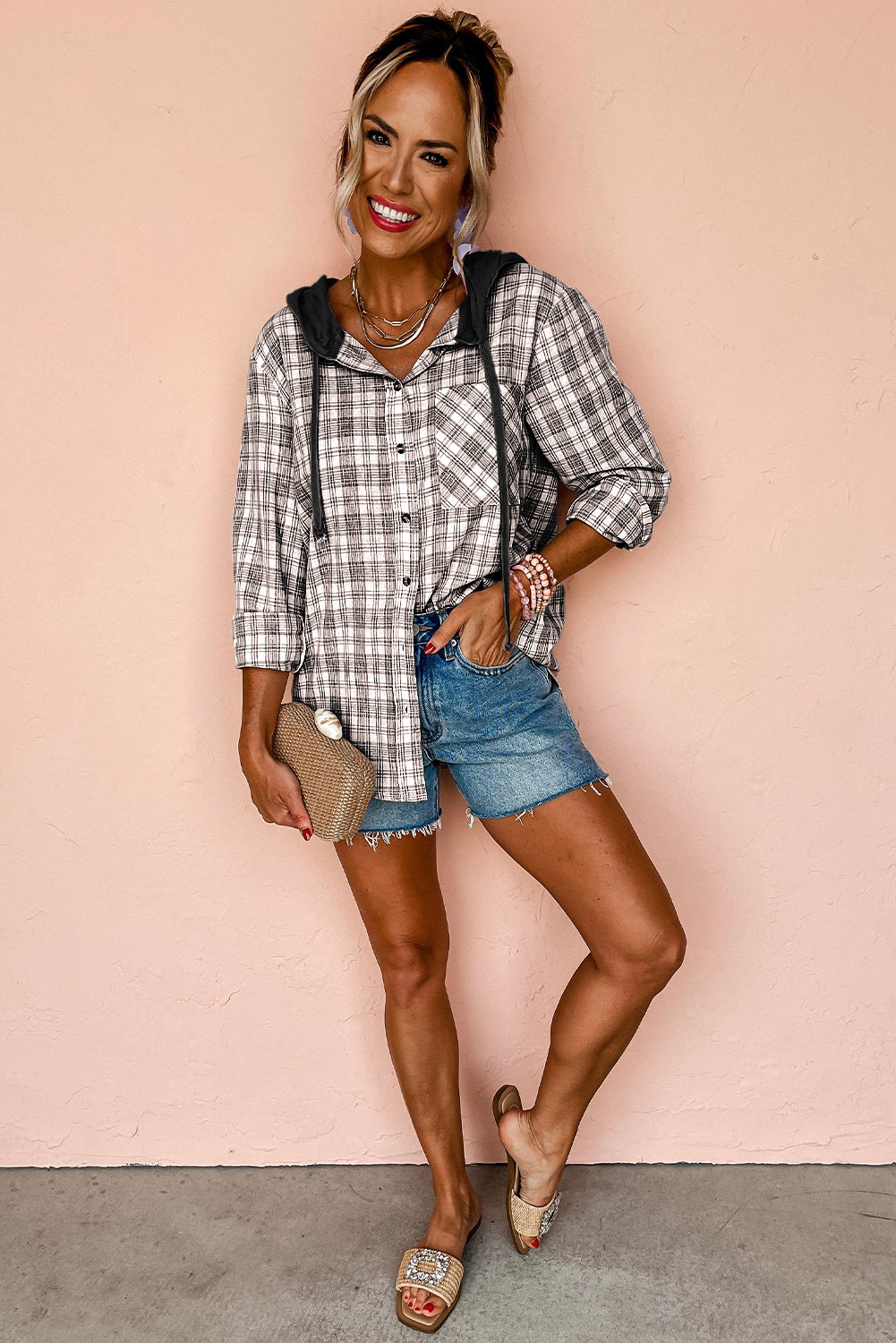 Checkered print loose fit buttoned hooded top spring 2025, trendy plaid hoodie, casual and stylish hooded top, relaxed fit checkered shirt, lightweight and breathable fabric, versatile layering piece, effortless street style, cozy yet fashionable hoodie, button-up plaid top, must-have spring outfit, modern and edgy casual wear, timeless checkered pattern, oversized and comfortable fit, everyday fashion essential, perfect for layering, laid-back yet trendy look, soft and stylish spring outerwear