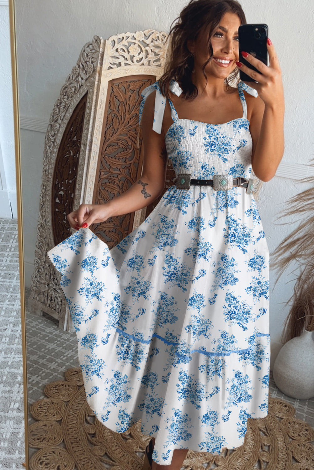 Floral Print Knot Strap Midi Summer Dress
