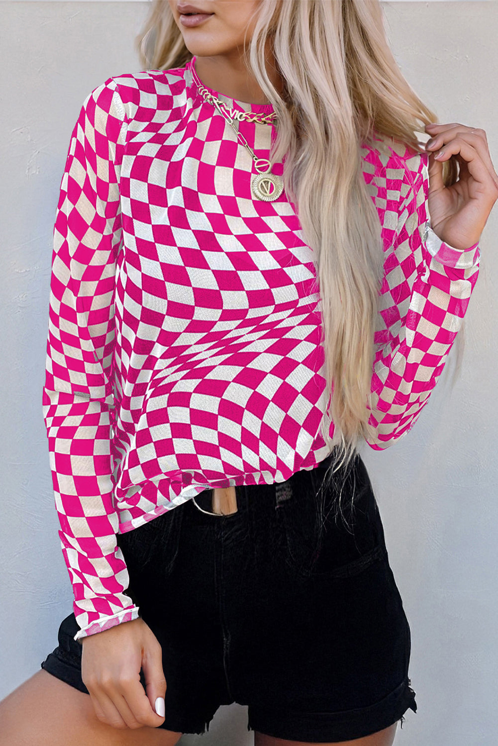 Checkered Pattern Mesh Long Sleeve Top