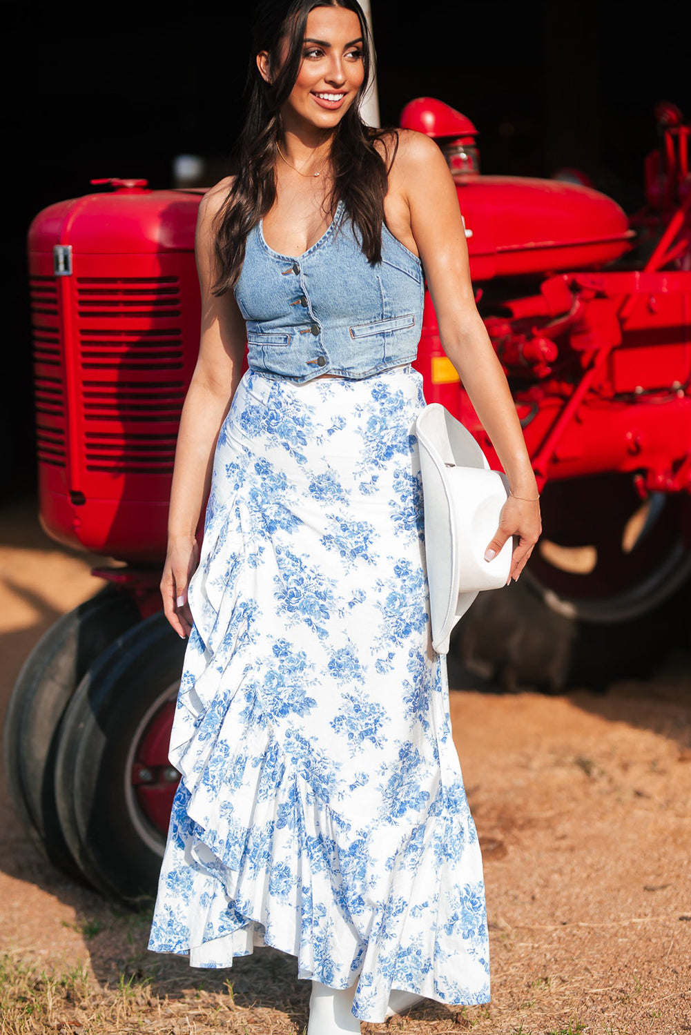 Boho Floral High Waist Ruffle Split Maxi Skirt