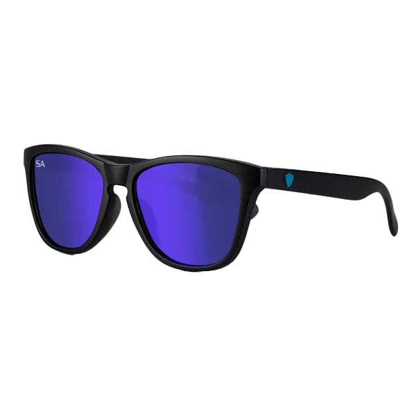 A close-up of the sunglasses showcasing their bold black frame and reflective blue lenses. The left arm features a small turquoise shield logo, adding a stylish accent. Perfect for outdoor activities or casual wear.