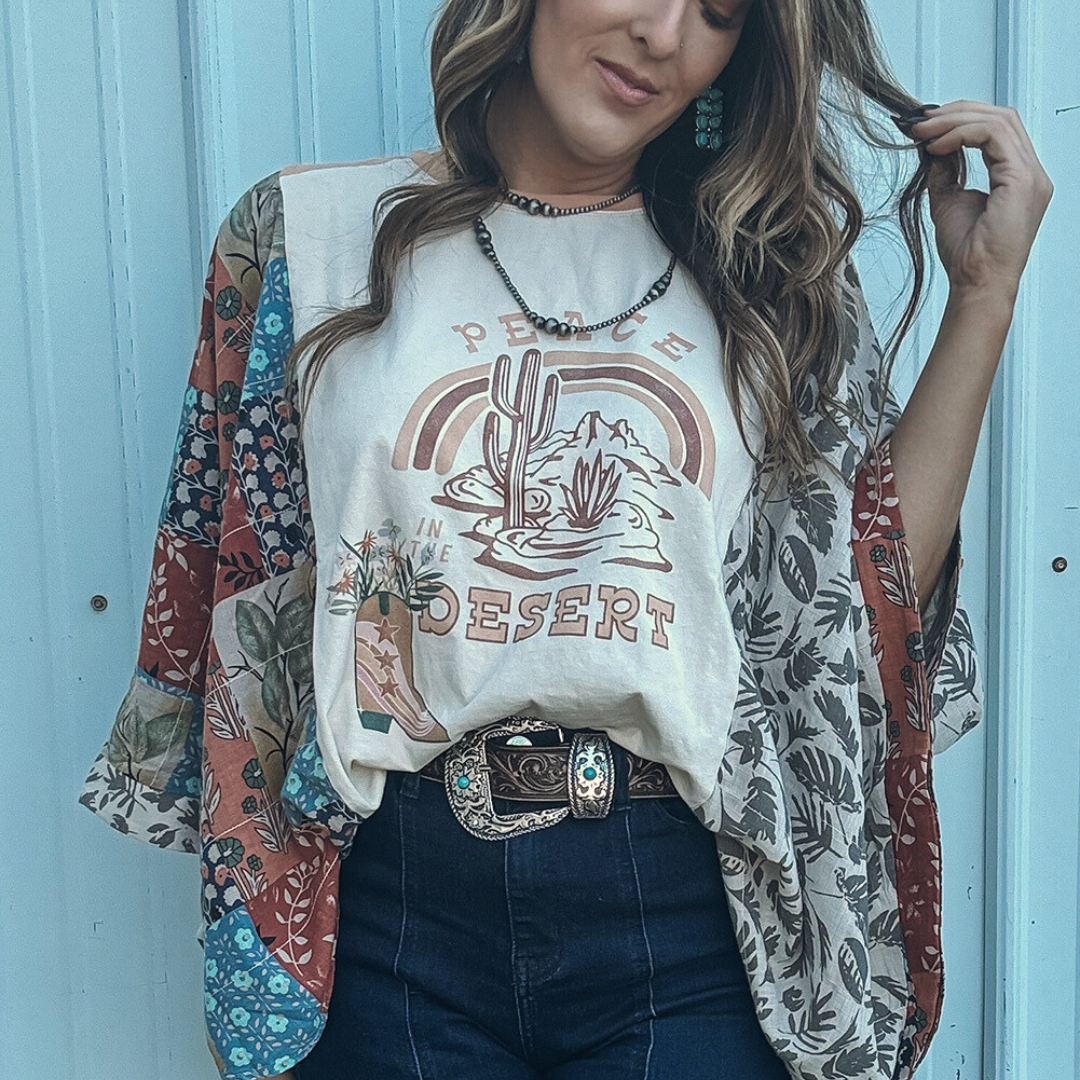Printed Patchwork Sleeve Graphic Tee Shirt
