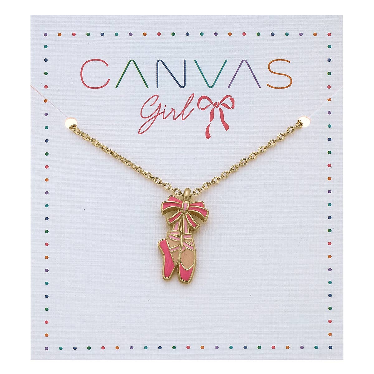 Delicate gold-tone necklace featuring a pink and gold ballet slipper pendant tied with an elegant bow, designed for young girls. Displayed on a white card with colorful polka dot accents and the brand name 'Canvas Girl' written in multicolored and cursive red fonts, alongside a matching ribbon illustration. A charming accessory perfect for ballet lovers or as a thoughtful gift for dance enthusiasts.