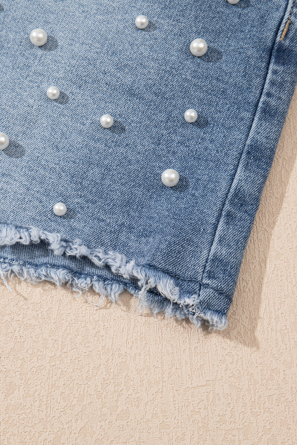 Pearl Beaded Raw Hem Denim Shorts