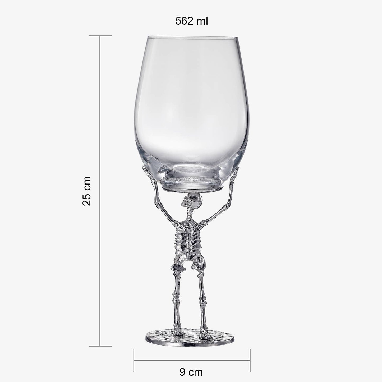 A wine glass filled with red wine, supported by a detailed silver skeleton base. The skeleton is designed to appear as if it is holding the glass aloft with its arms. The intricate design combines elegance and a gothic aesthetic.